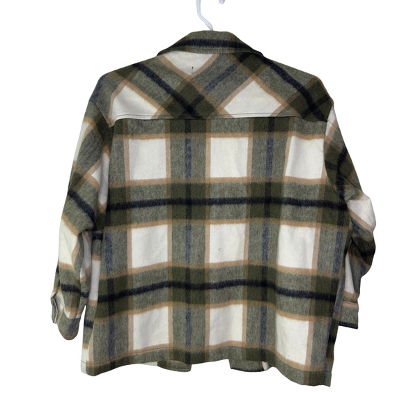 Zara Jacket Womens Medium Green Beige Plaid Wool Blend Shacket Overshirt Buttons - Picture 2 of 7